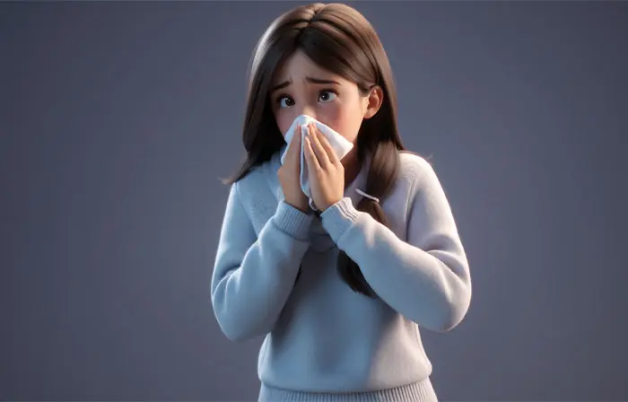 Girl Using Napkin for Mouth and Nose Allergy 3D Cartoon Picture Illustration image